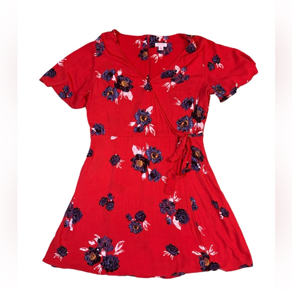 Red Floral Xhilaration Mini Faux Wrap Dress Size Medium